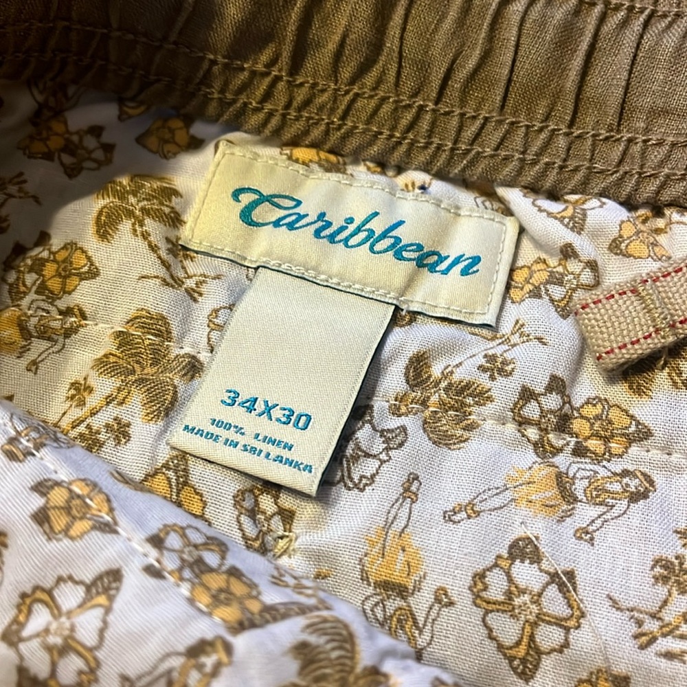 Caribbean Men 34 x 30 Pure Linen Drawstring Lightweight Khaki Pants